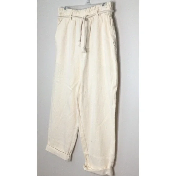 Gentle Fawn Ivory Cotton Paper Bag Cuffed Pants with Rope Belt Size L - Picture 2 of 7
